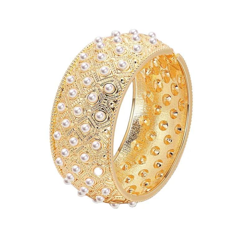 Trendy Vintage Hot Sale Pattern Bracelet Pearl Drum Shaped Broad Side Bangle Jewelry Women Bracelets