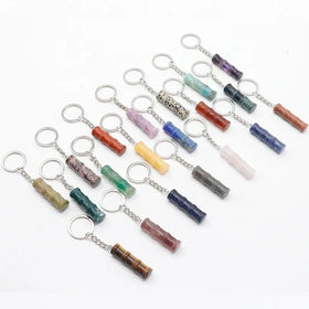 Carved Bamboo Joint Shape Charm Pendant Keychain Healing Crystal Stone Key Rings for Gift
