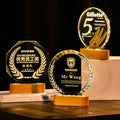MH-NJ00804 Excellent Glass Awards Trophies Solid Wood Star K9 Blank Crystal Glass Custom Oval LED BaseTrophy Award