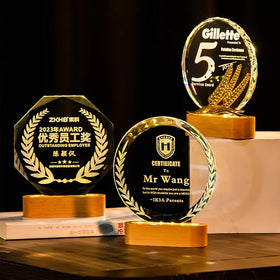 MH-NJ00804 Excellent Glass Awards Trophies Solid Wood Star K9 Blank Crystal Glass Custom Oval LED BaseTrophy Award