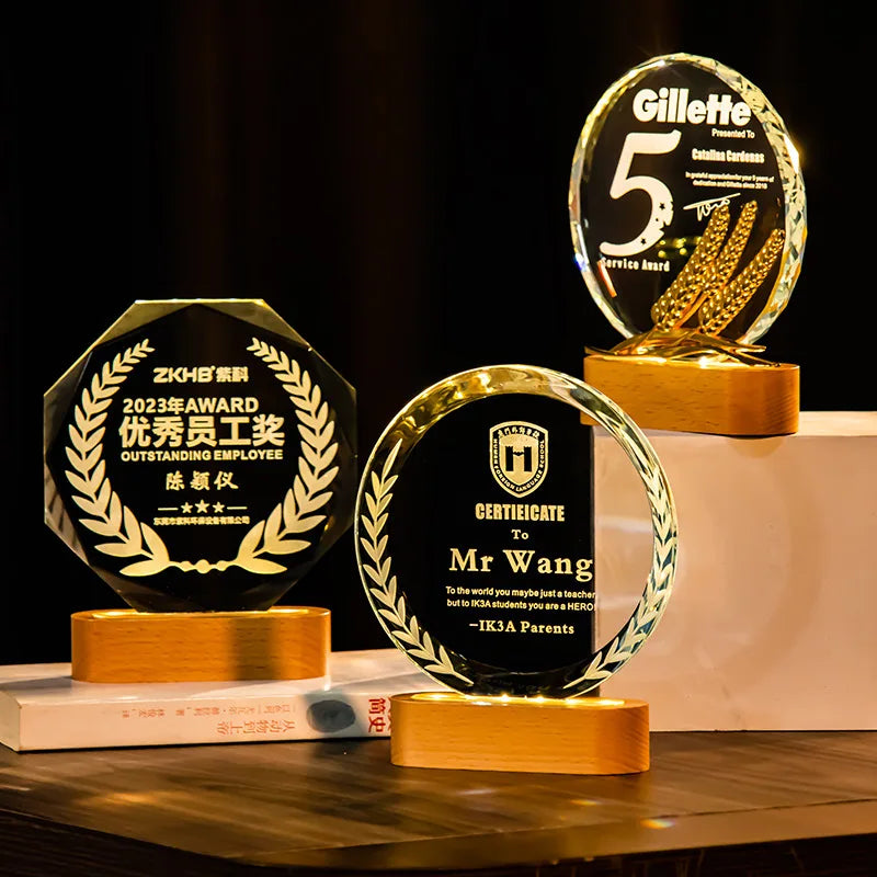MH-NJ00804 Excellent Glass Awards Trophies Solid Wood Star K9 Blank Crystal Glass Custom Oval LED BaseTrophy Award