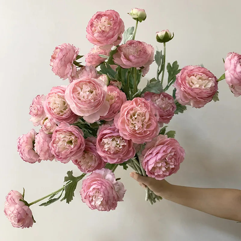 Wholesale 3-heads Artificial Real Touch Tea Rose Pink Silk Fabric Peony Flower Head Home Wedding Mother's Day Valentine's Day