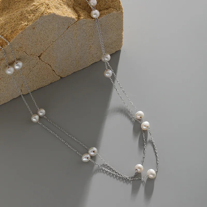 Fashion 925 Sterling Silver Double Layer Link Chain Natural Freshwater Pearl Bead Women's Necklace Gifts Jewelry