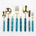 Nordic Luxury Teal Bamboo Handle 304 Stainless Steel Cutlery Set Gold PVD Titanium Coated Wedding Flatware Serving Spoon Fork