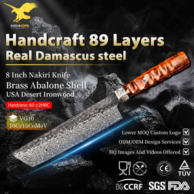 KEENHOPE Japanese 89 Layers Damascus Steel Knife 8 Inch Nakiri Knife VG10 Core Brass Abalone Shell USA Desert Ironwood Handle