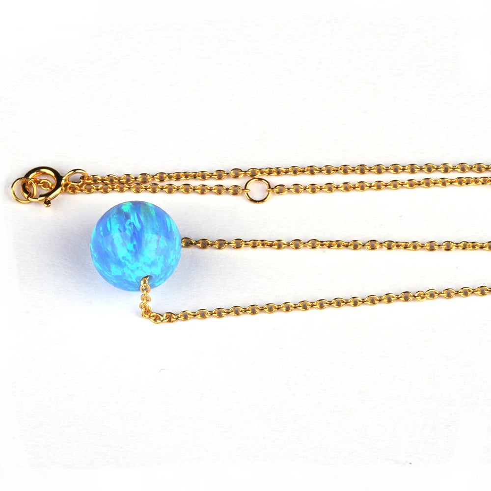 1 Piece Blue Opal Bead Necklace for Women & Men 925 Sterling Silver Rhodium Plated Fire Opal 5mm Ball Pendant Link Chain