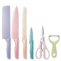 6pcs Non-Stick Metal Slicing Knives Set Stainless Steel Color Coating with Wheat Straw Handle Kitchen Knife Rack