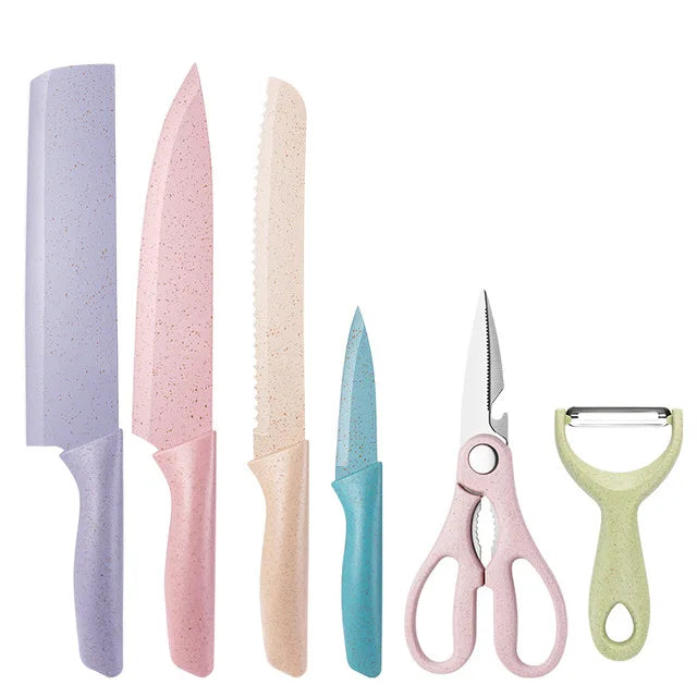 6pcs Non-Stick Metal Slicing Knives Set Stainless Steel Color Coating with Wheat Straw Handle Kitchen Knife Rack