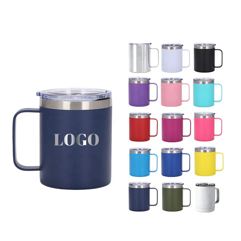Wholesale Custom Logo 12oz Coffee Mug with Powder Coated Colors Travel Tumbler Cups with Handle and Sliding Lids