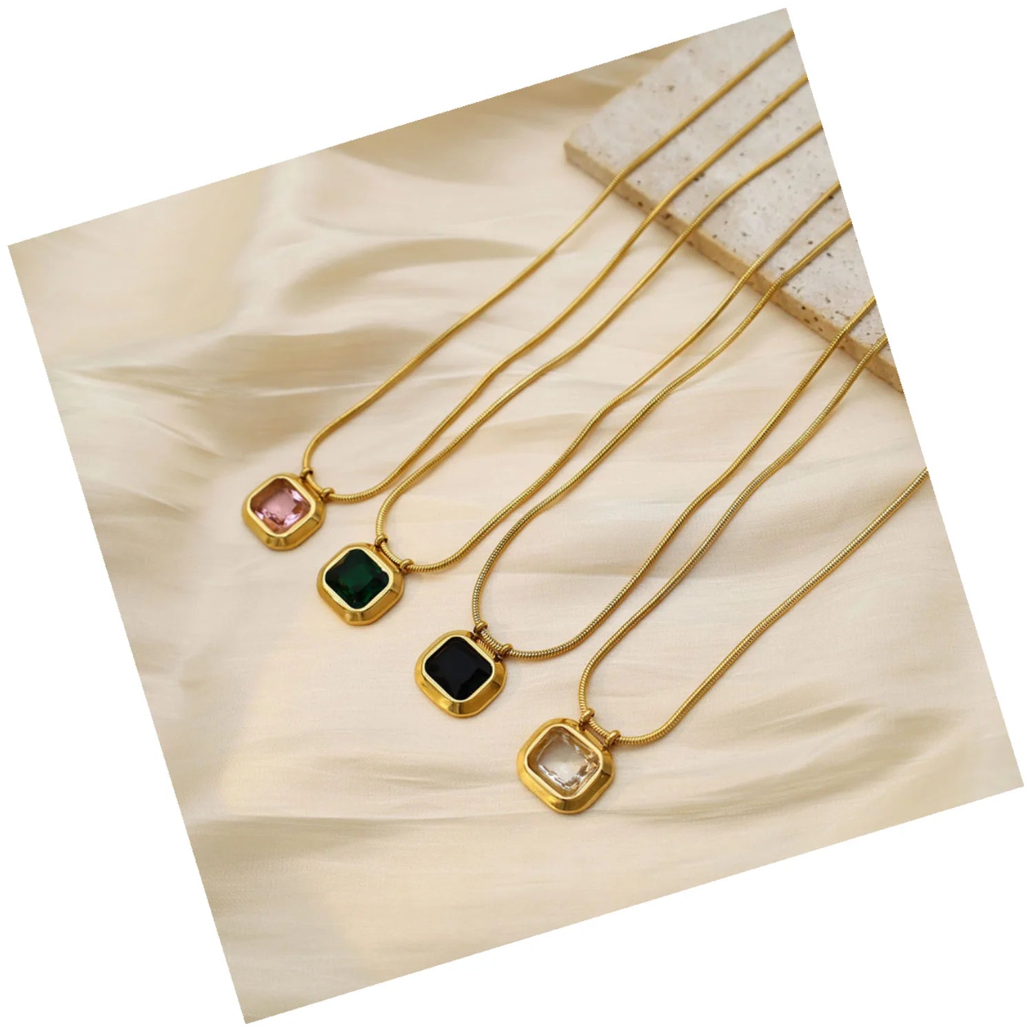 DaiHe Hot Sale Waterproof Stainless Steel Green Zircon Emerald Pendant Necklace Fashion Jewelry Necklaces for Women