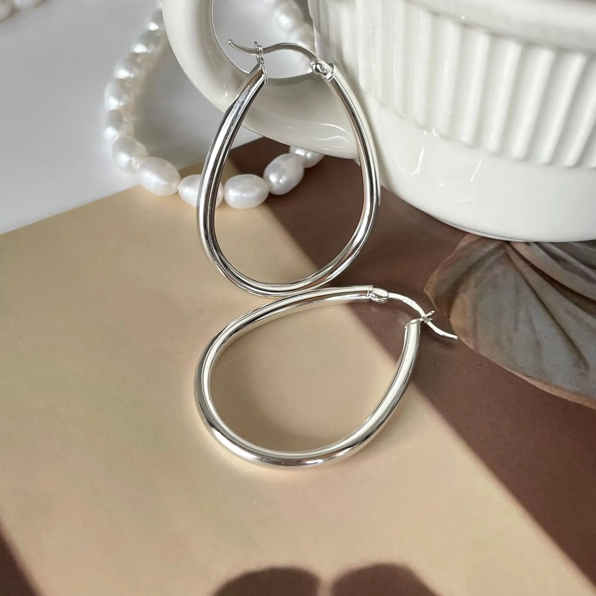 Oval Hoop Earrings 925 Sterling Silver Hypoallergenic Geometric Hoop Earrings for Women
