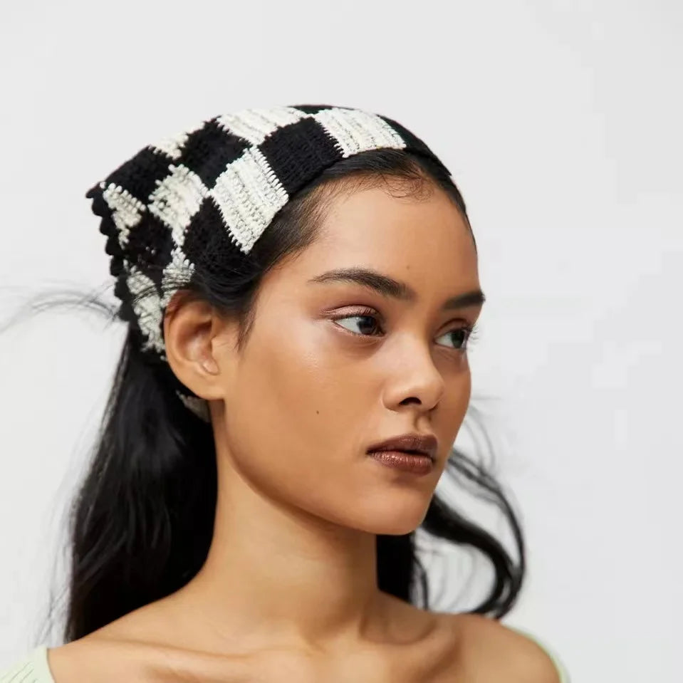 2026  New Arrivals Fashion Girls Grid Crochet Hair Band Beauty Accessories Fresh Woven Hair Scarf Checker Headbands for Women