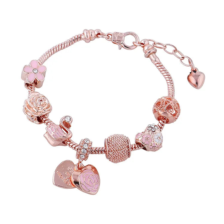 Best Selling Oil Drop Flower Charm Bracelet Rose Gold Rhinestone Crystal Flower Heart Charm Bracelet Bangle