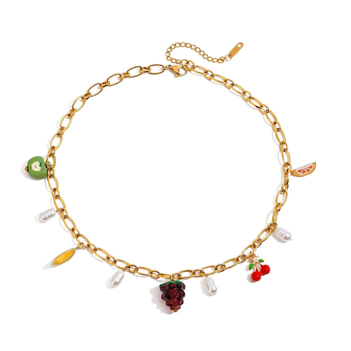 J&D Luxury Fruit Jewelry Sweet Dopamine Stainless Steel Pendant Necklace Gold Plated Cherry Acrylic Pearl Dripping Fruit Strand