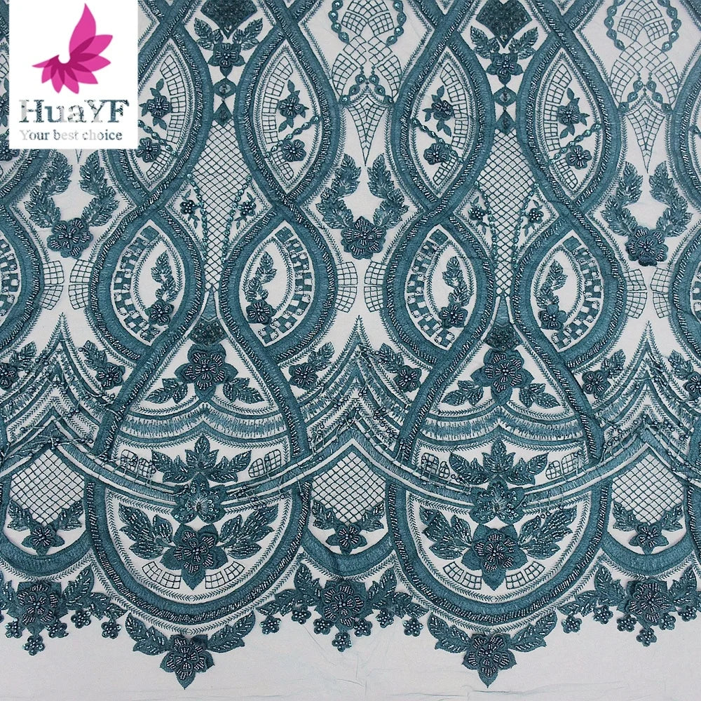 Handmade Beaded Embroidery Tulle Sequins Lace With Applique for Collection Dress Pearls Fabric HY1872