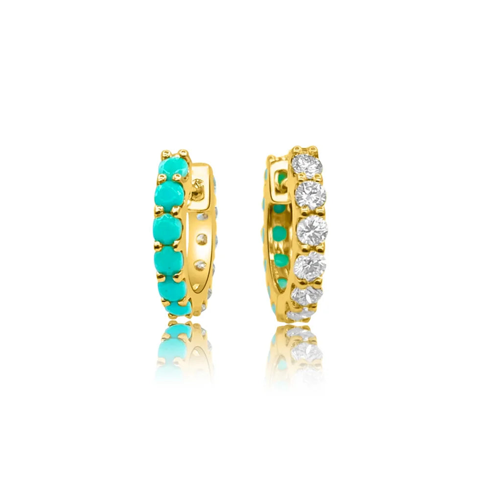 APE105 RINNTIN 14K Gold Plated Sterling Silver Turquoise and Cubic Zirconia Mini Huggie Earrings for Women