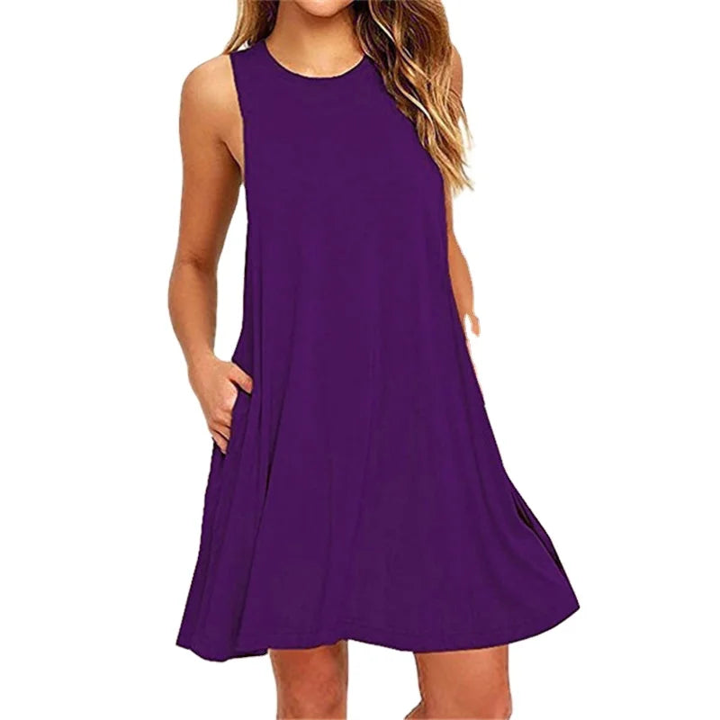 Summer Comfortable Women's Plain Summer  Sleeveless Casual Solid Pockets T Shirt Dress Swing Dress Vestidos Trendy