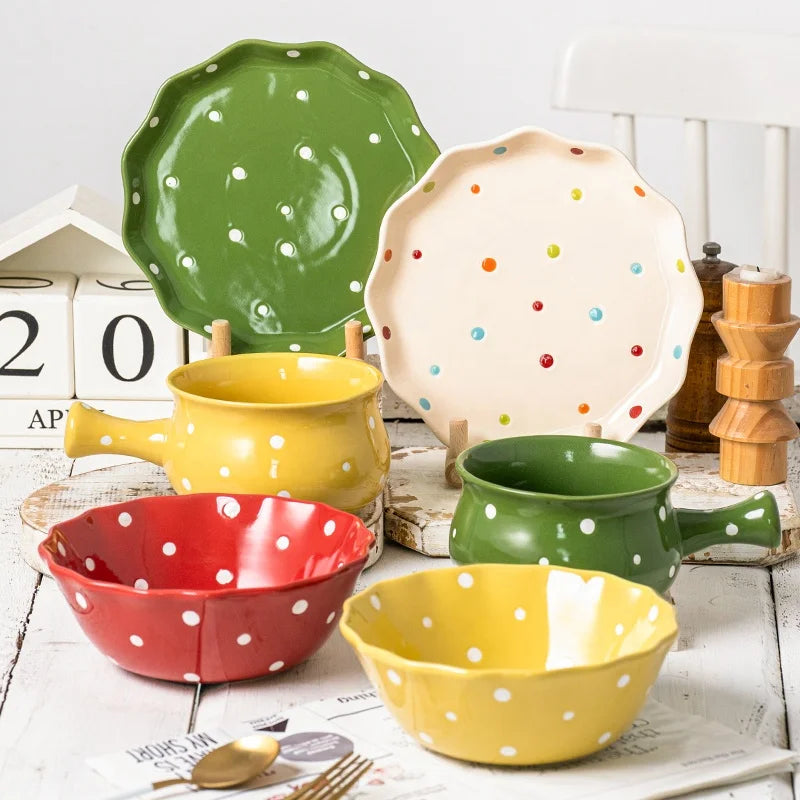 Fast Shipping 6 Pcs Set Tableware Porcelain Home Kitchen Portable Flatware Set Hand Painted Color Spots Ceramic Dinner Set