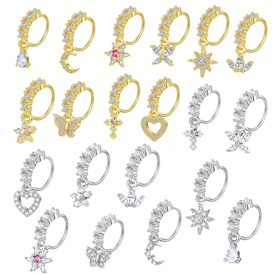 14K Gold Plated Cubic Zirconia Cute Cartilage Earring Dangle Hoops Nose Rings for Women Butterfly Dangling Nose Piercing Jewelry
