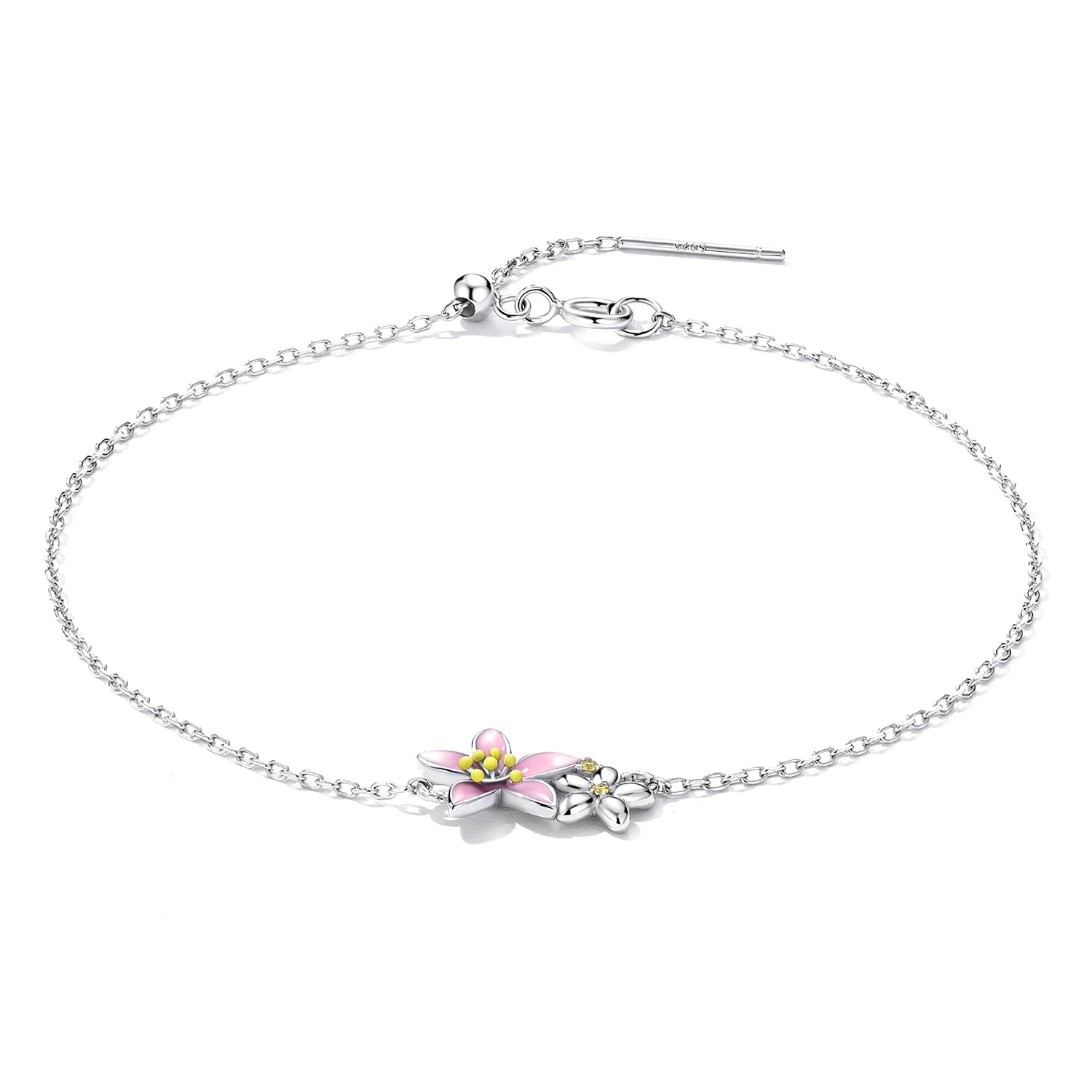 925 Sterling Silver Original Pink Sakura Bracelet Adjustable MINI Bracelet Chain Link Fit MINI Pendant Fashion Jewelry SCB232