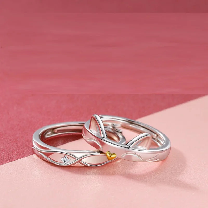 Platinum Plated Romantic Love Couple Adjustable Ring for Wedding Jewelry Cute Cat Design Couple Open Ring for Men Women