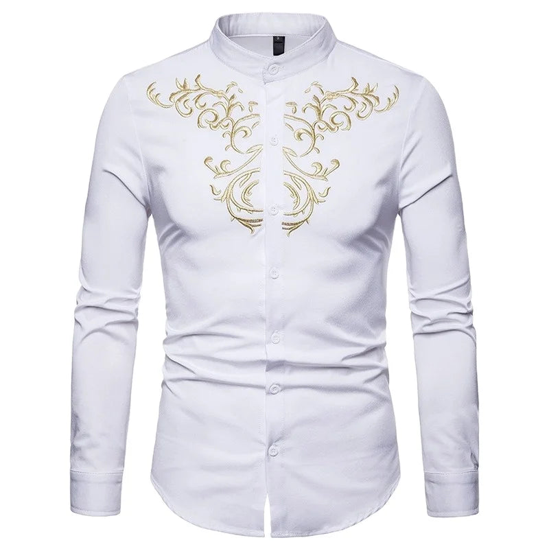 New Design Wholesale Polyester Cotton Mens Embroidery Long Sleeve Button up Casual Floral Shirts for Men