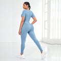 FLW Women's Eco-Friendly Gym Top SeamlessShort Sleeve Fitness Yoga Set with Elastic Waist Solid Pattern Four-Way Stretch
