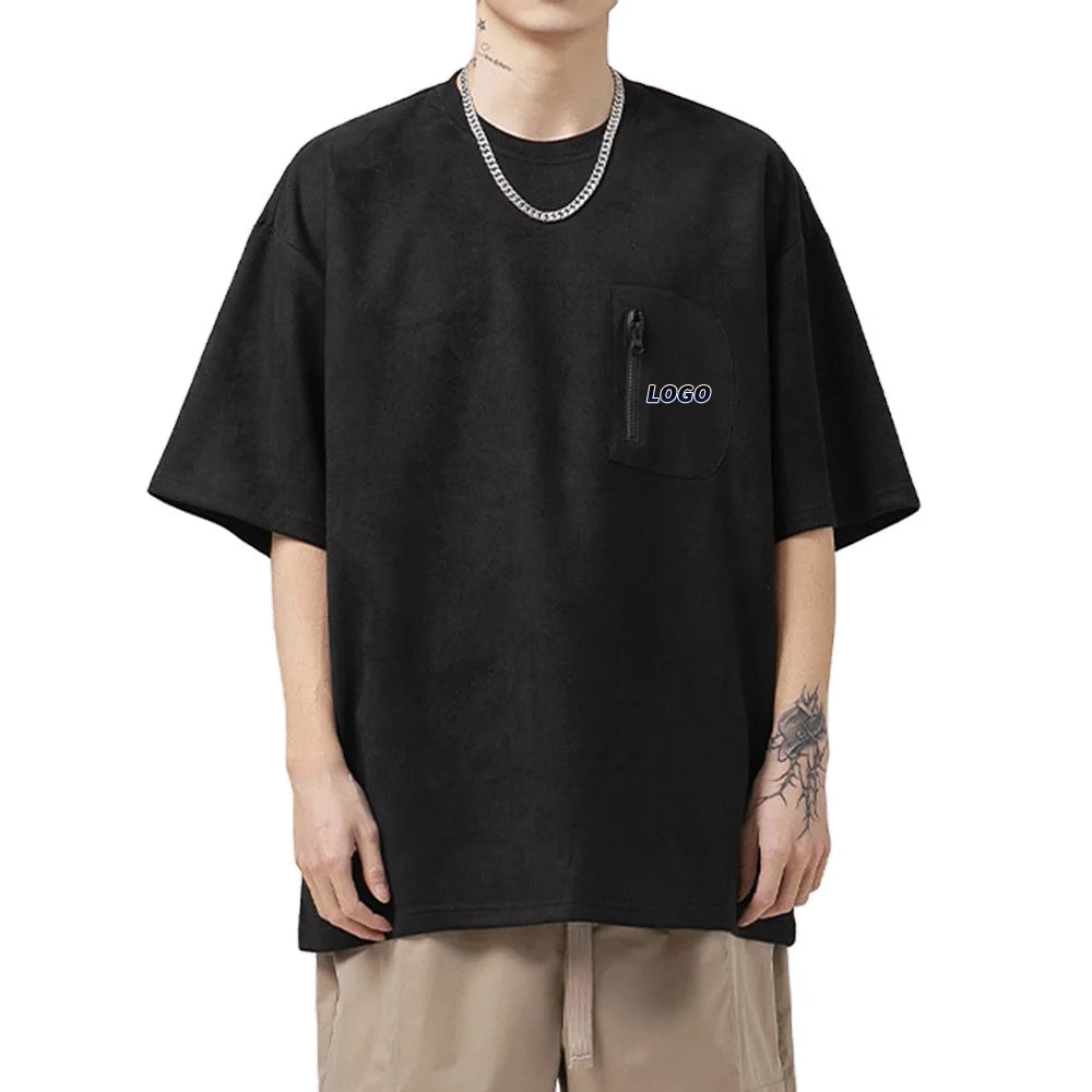 Men's Custom Logo Boxy T-Shirts 100% Cotton Oversized Neck Solid Color Pocket Short Sleeves for Spring/Summer Outdoor Activities