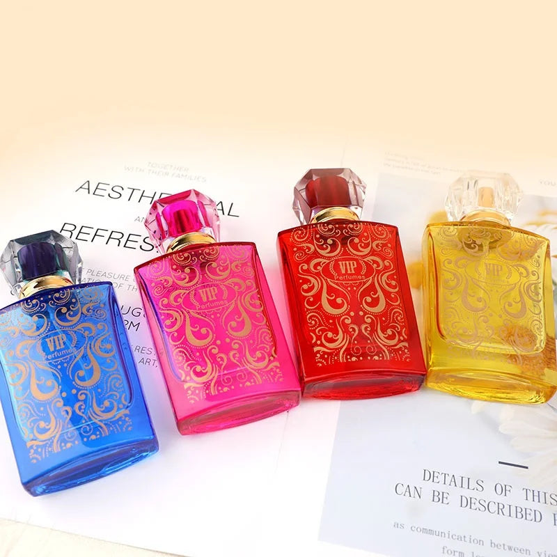 New Arrival Red pink Blue Green Empty Glass square Spray Bottle 50ml Uv Printing Electroplating Gold Glass Spray Perfume Bottle