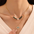 New Design Fashion Necklace Women Accessories Malachite Pearl Double Layer Charm Stainless Steel Evil Eye Necklace