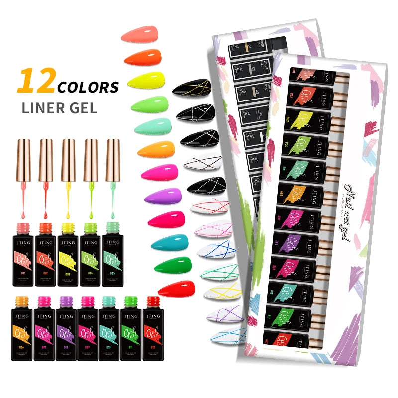 JTING Hot Popular New Design 24 Colors Nail Art Liner Gel Polish Set 12ml OEM Private Label Gel Paint Nail Art Neon Liner Gel