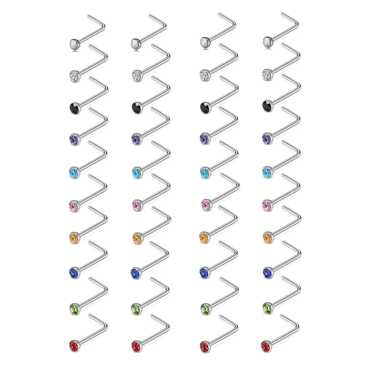 Wholesale Small L-Shaped Stainless Steel Nose Stud Ring 10pcs/Set with Rhinestone Body and Face Piercing Jewelry for Women