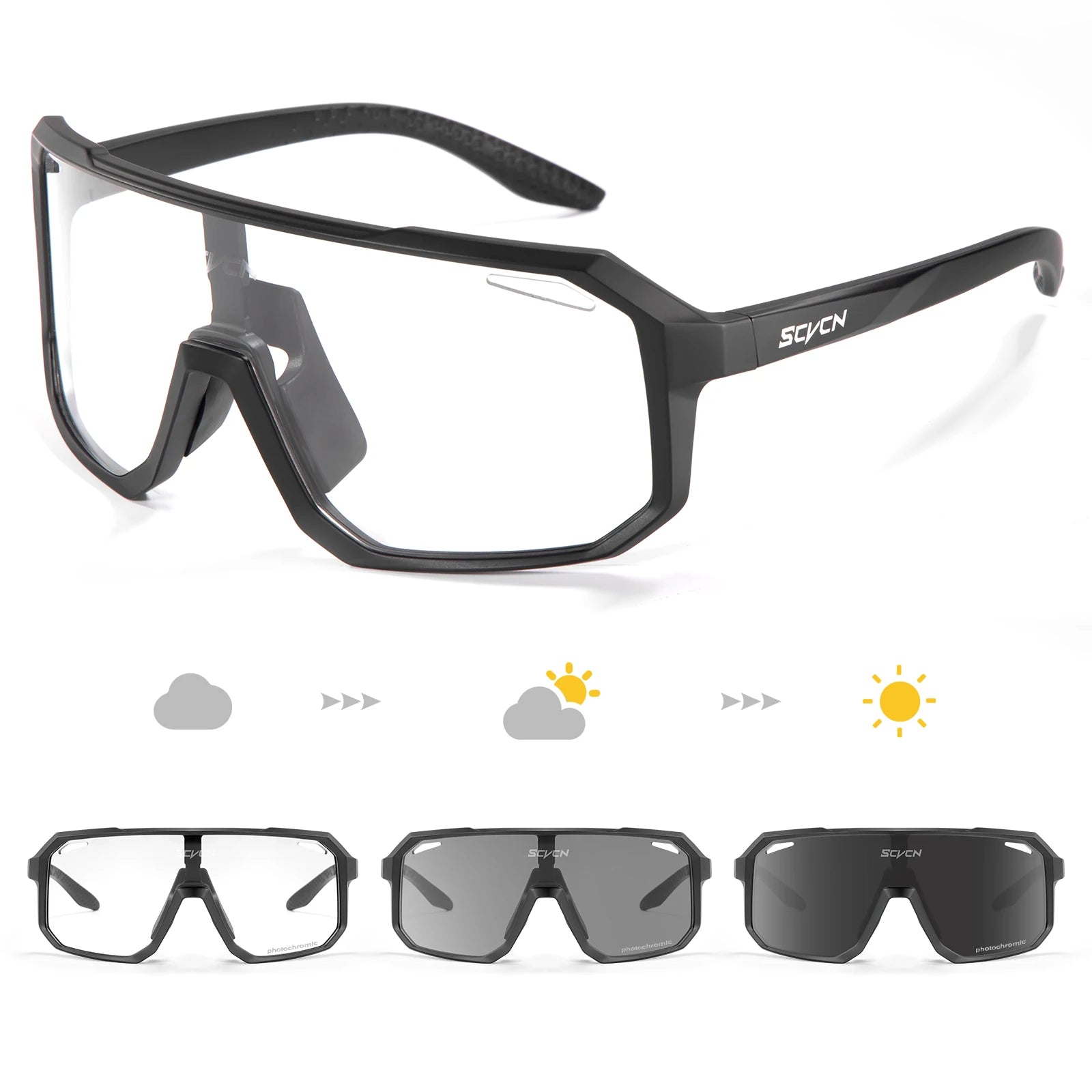 SCVCN Sports Sunglasses Photochromic Lens with PC Frame Prescription Inner Frame for Outdoor Sports Cycling Glasses