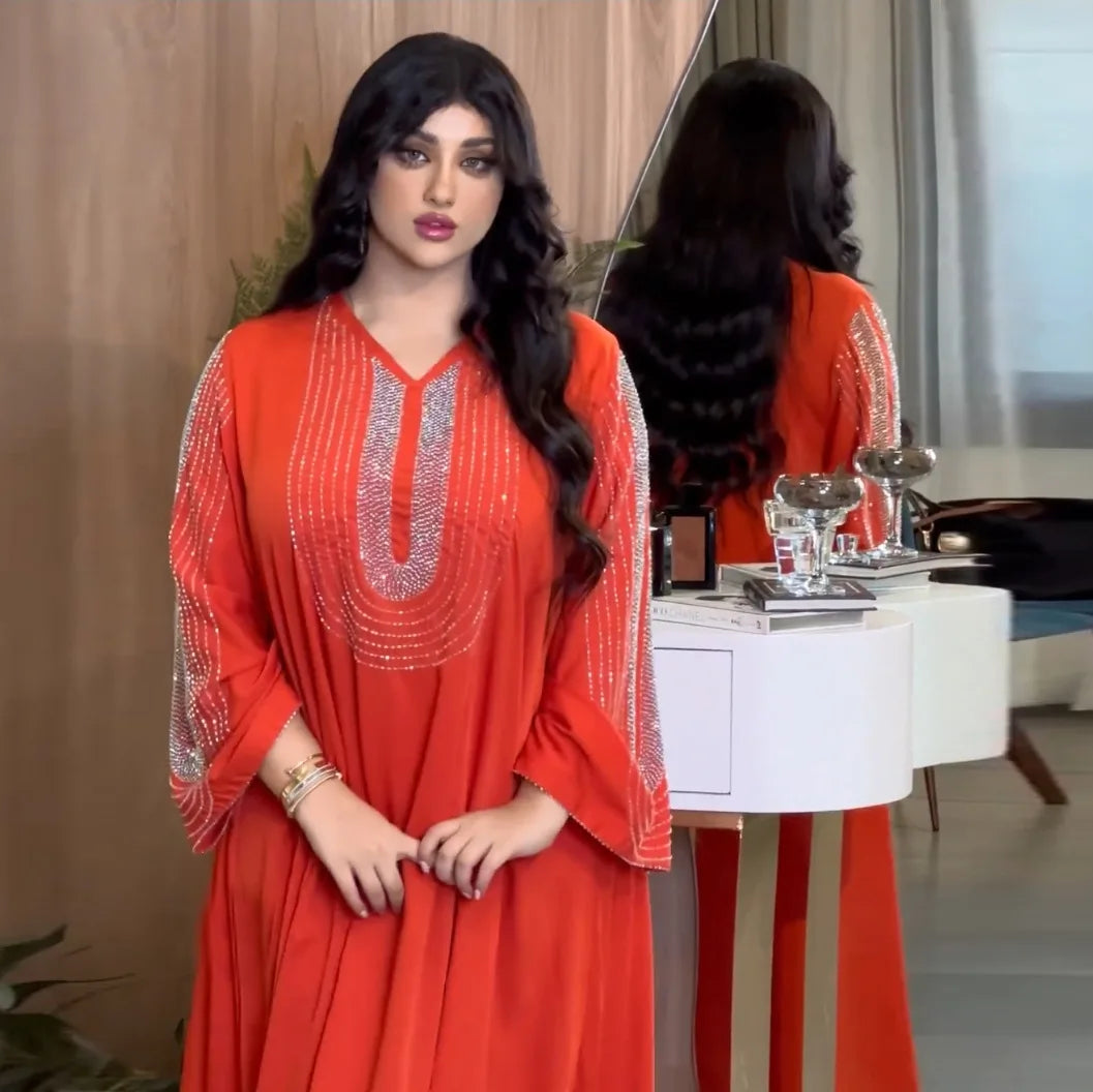 Fashion Belted Party Diamonds Long Dress Jalabiyat Ramadan Kuwaiti Women Abayas Long Sleeve V-Neck Elegant Islam Kaftan
