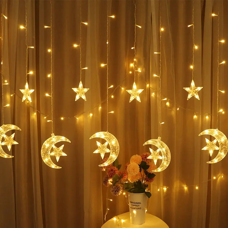 Twinkle Star 138 LED Star Moon Curtain String Lights Warm White Window Curtain Lights Ramadan Kareem Decorations XJ0007
