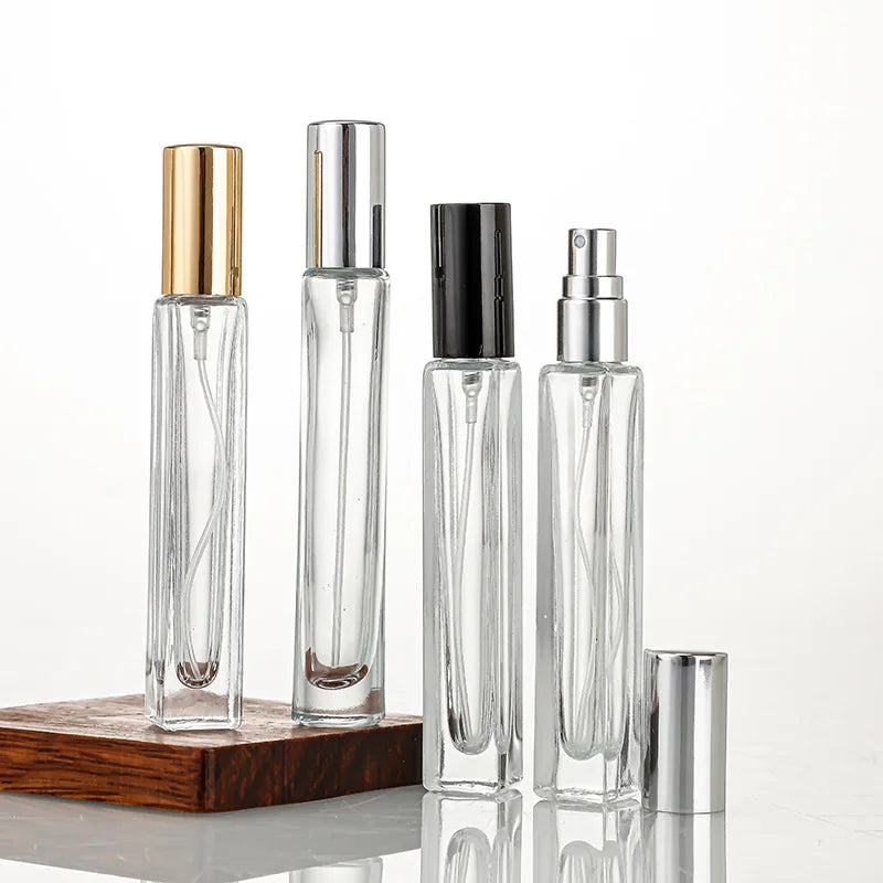 Mini 10ml Clear Perfume Glass Bottles with Pump Sprayer Round Square Refillable Design