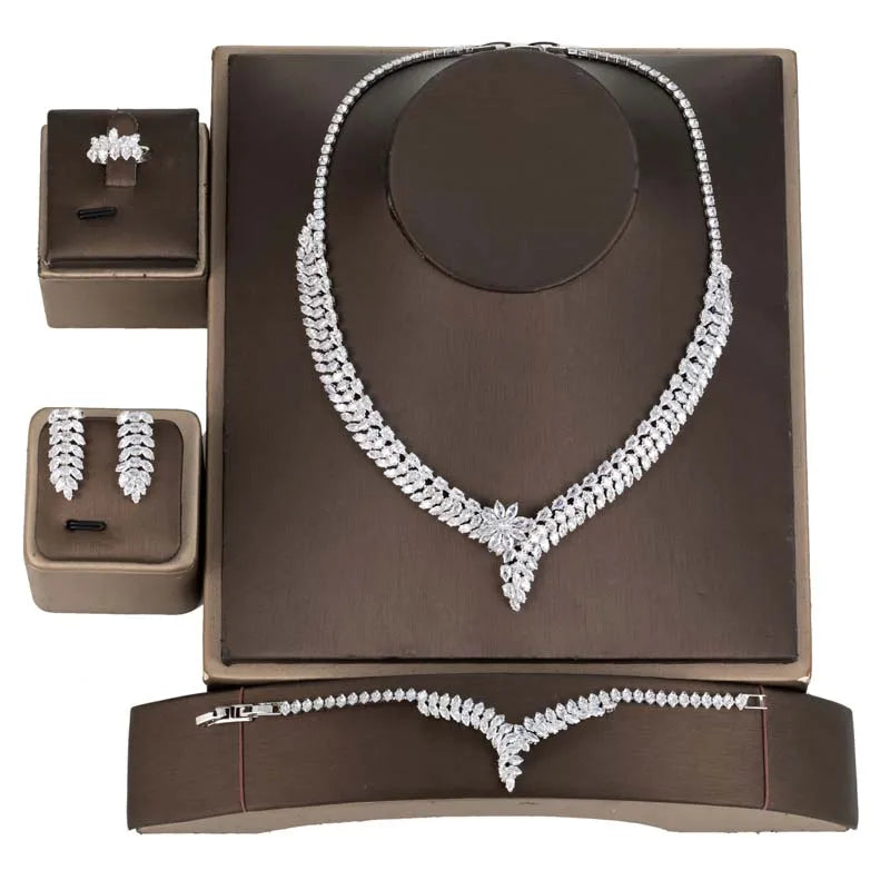 Flower Shaped Luxury Full Cubic Zircon Paved Jewelry Set Dinner Party Accessories Wedding Bridal 4 Pieces Necklace Set BN9273