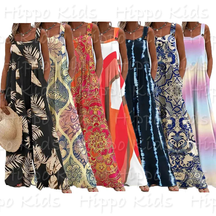 OEM High Quality Knit Women's Fashion Jumpsuit Flower Print Sleeveless Casual Elegant Suspender Jumpsuit for Women