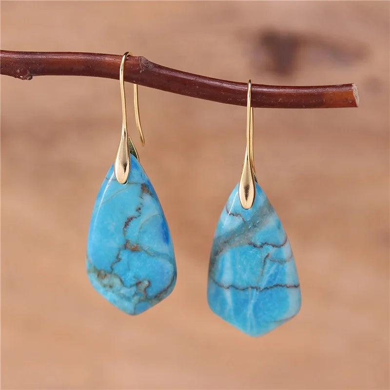 Chic Natural Stone Geometric Jasper Gold Hook Earring for Women Fashion Boho Statement Dangle Earrings Wholesale Fine Jewelry