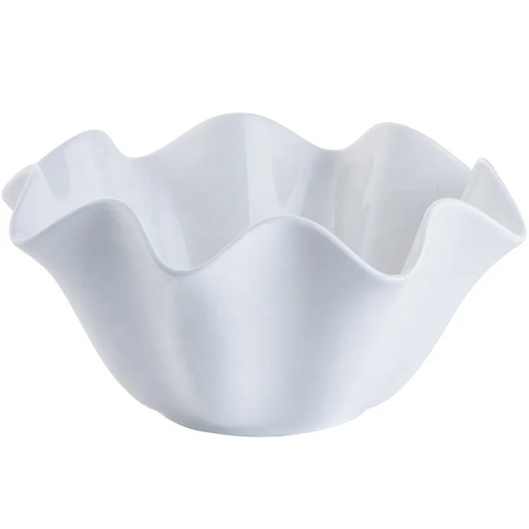 Korea South Style Pure White Ceramic Bowl Creative Rolled Edge Tableware for Dessert Fruit Vegetable Salad Eco-Friendly Plant