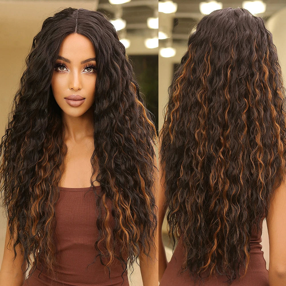 Japan Fiber Lace Synthetic Wigs Long Black Mixed Golden Kinky Curly Wig for Afro Women Daily T-Middle Part