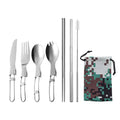 304 Stainless Steel Folding Knife Fork Spoon Chopsticks Straw 8 Pcs Set for Travel Portable Bag Camping Portable Cutlery Set