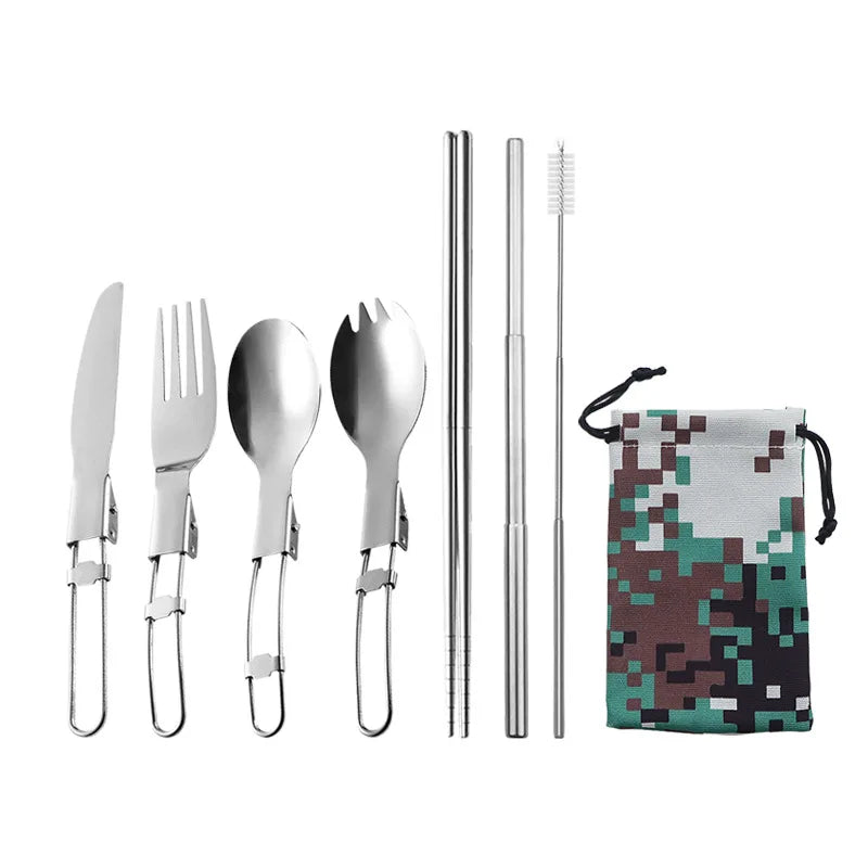 304 Stainless Steel Folding Knife Fork Spoon Chopsticks Straw 8 Pcs Set for Travel Portable Bag Camping Portable Cutlery Set