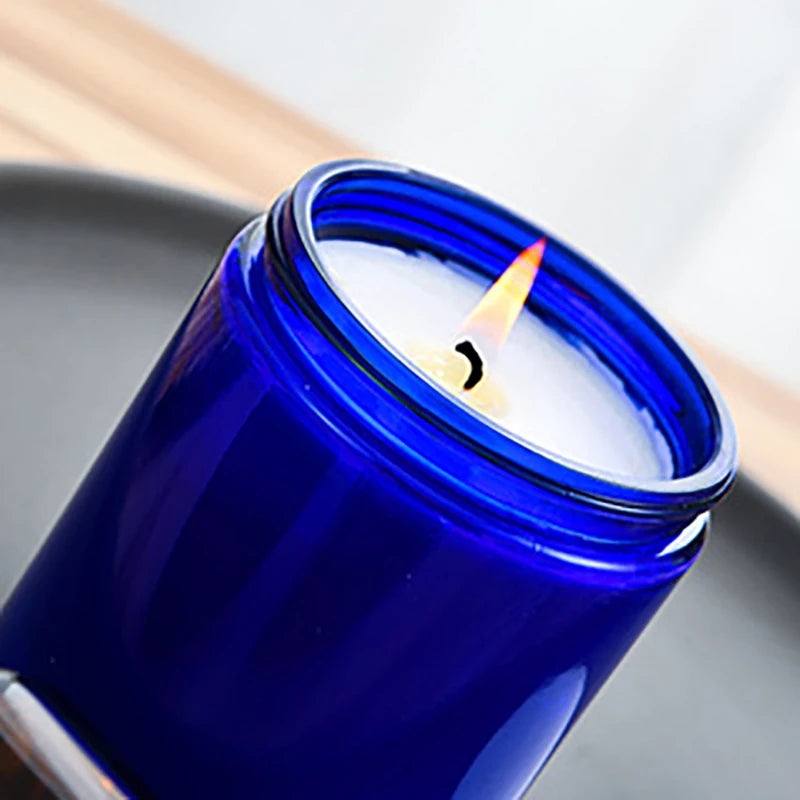 Home Decor Empty Blue Glass Candle Jar Round Bottom Glass Candle Cup