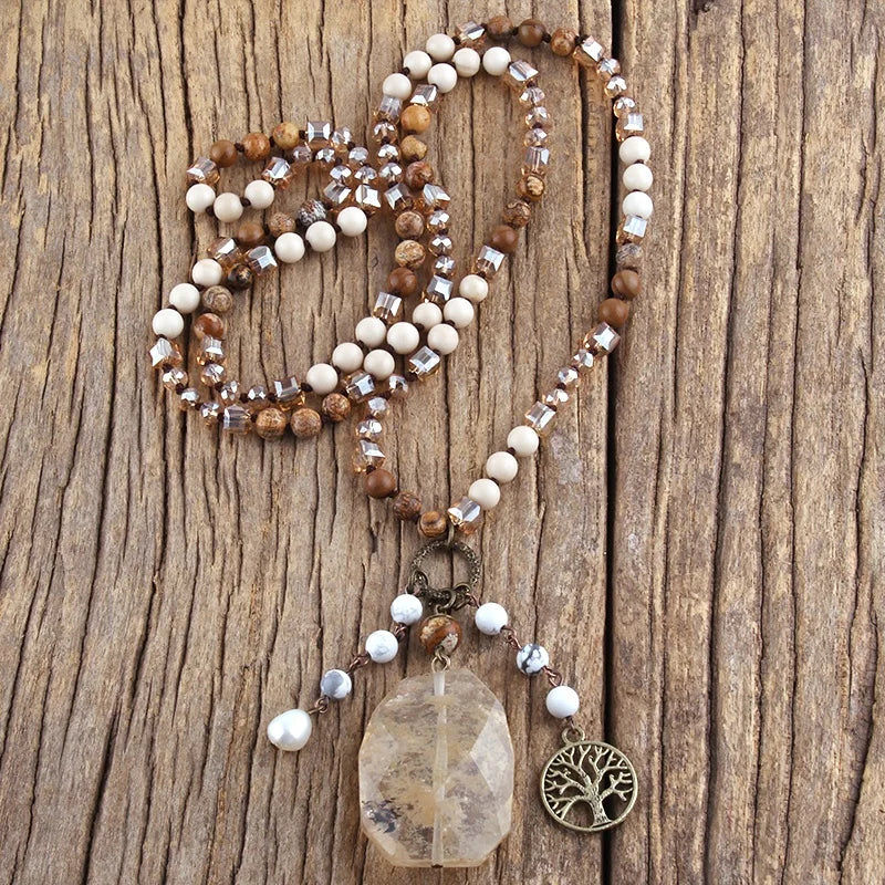 New Summer Woman Bohemian Jewelry Life Tree Charm 6mm Amazonite Natural Stone Knotted Irregular Gemstone Pendant Necklace