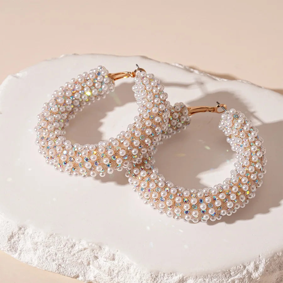 KAIMEI 2025 New Arrival Fashion Jewelry Pearl Inlaid Diamond Geometric Earrings Retro Gold Hoop Pearl Clip on Earrings for Women