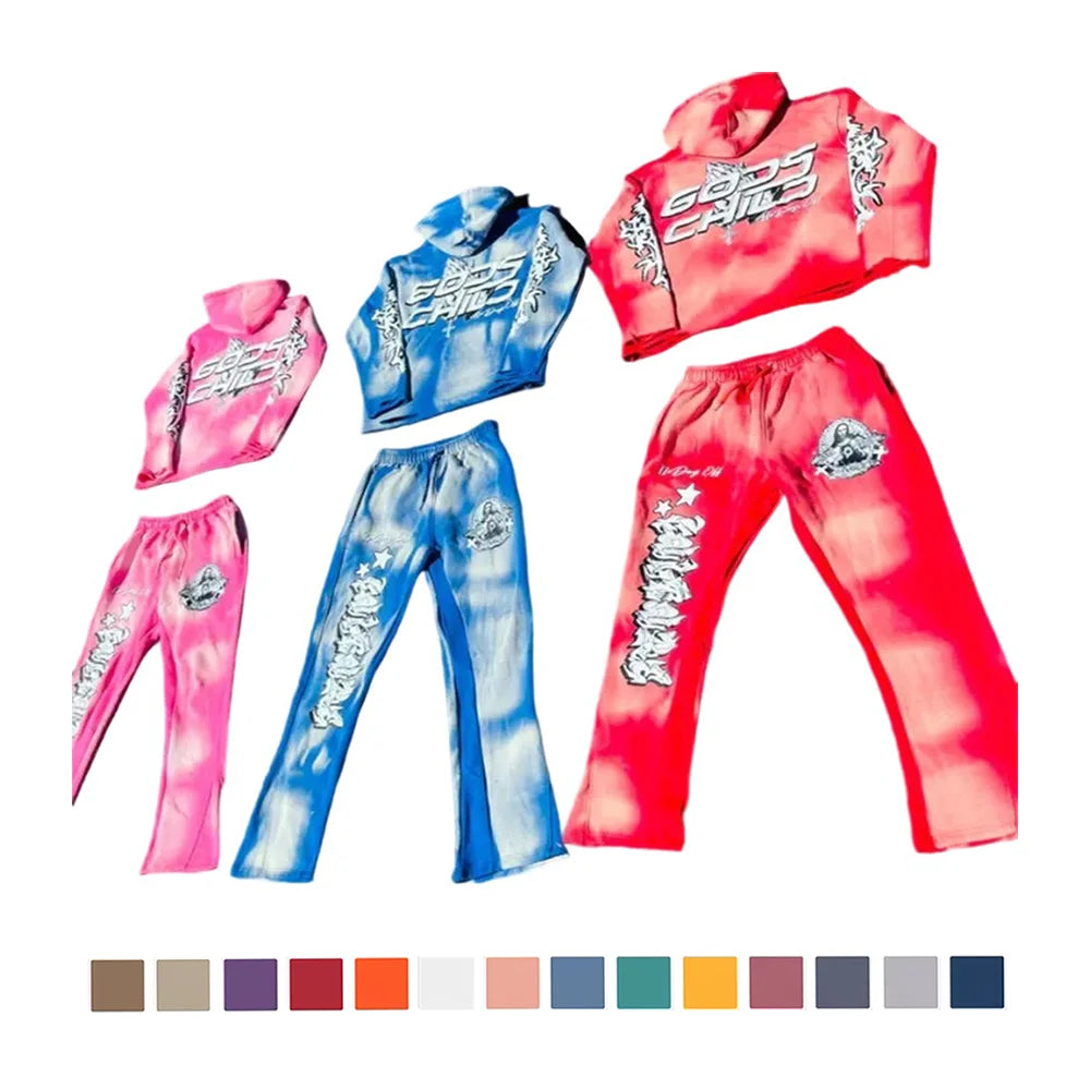 Custom Oem Oversized Tracksuit Cotton Winter for Men Printed Distressed Hoodie Sets Sweat Suit Sets Acid Wash Tracksuits Mens