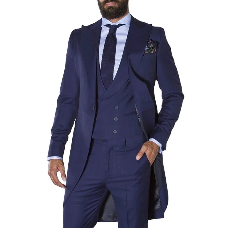 Navy Blue Long Tailcoat Suits for Men Custom Made Wedding Groom Tuxedos Male Fashion Blazer 3 Pieces Set Groomsmen Costume
