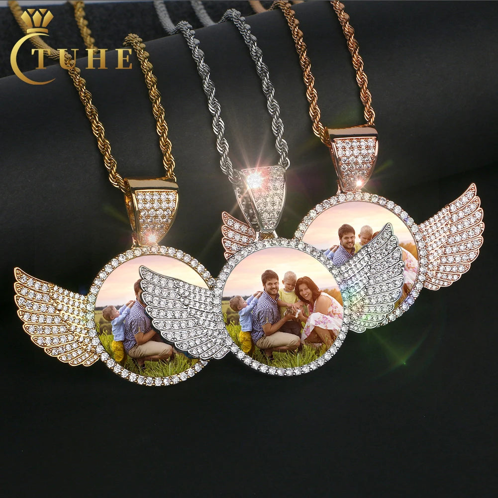 Wholesale Trendy Memory Jewelry Custom Picture Gold Plated Brass Prong Setting AAAAA CZ Diamond Iced Out Wing Photo Pendant MegaBDM