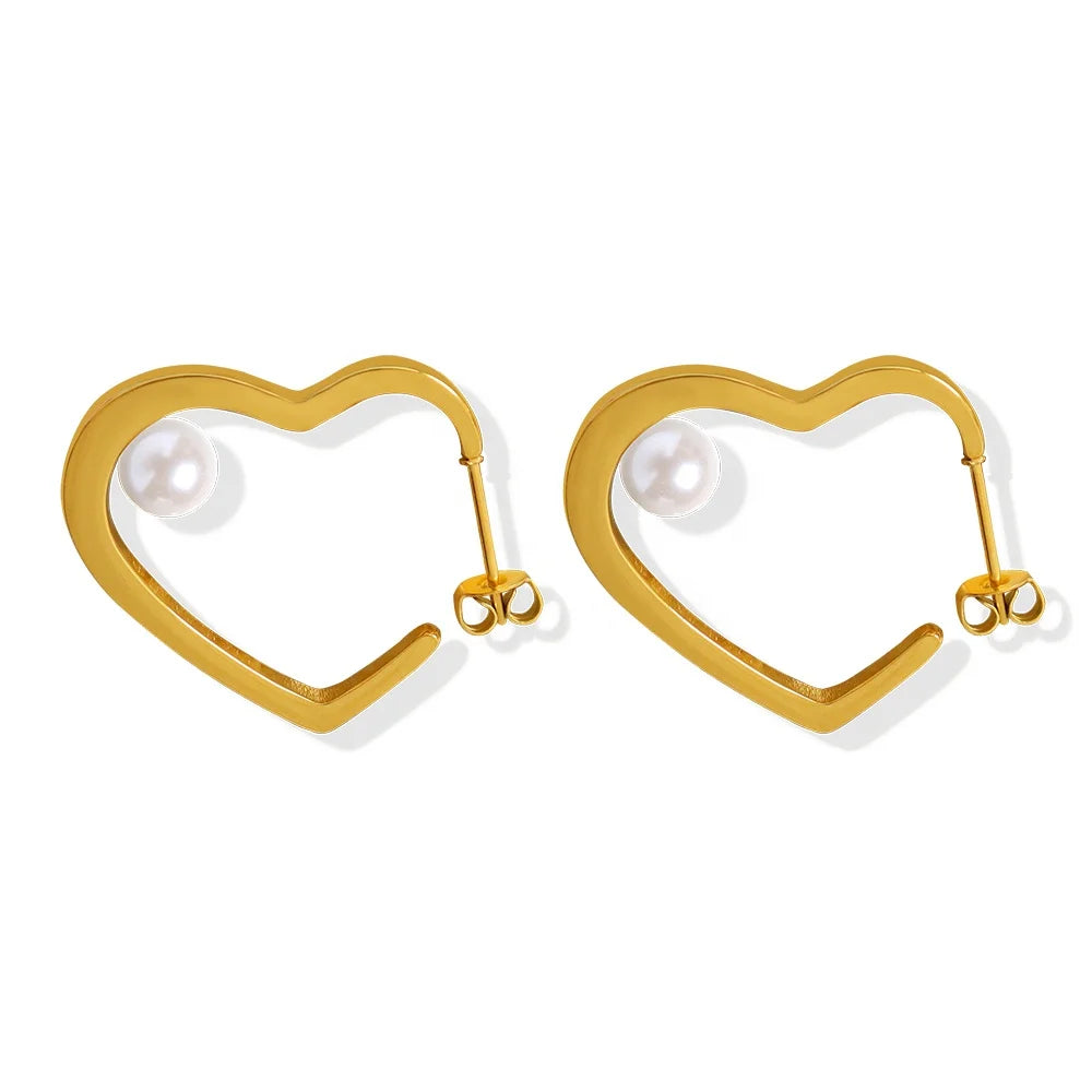 Heart Imitation Pearl Earrings Women's Titanium 18K Gold Stud Earrings